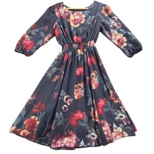 KATE and LILY Floral Print Midi Dress Women Size 4 Blue Red Pink Sheer Sleeve